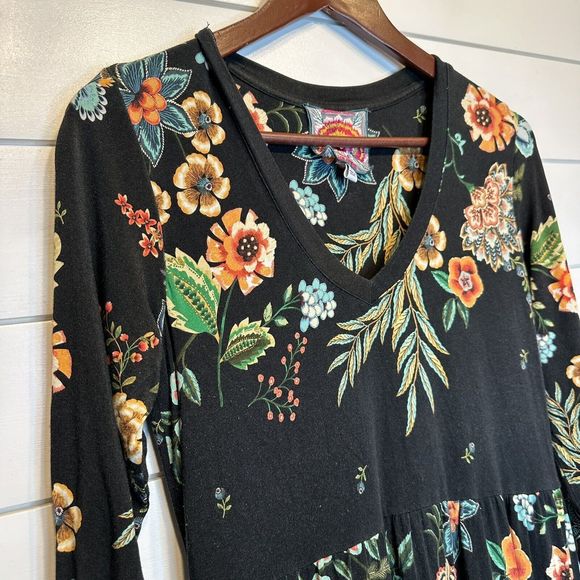 Johnny Was Bamboo Dress Small Ardell 3/4 Sleeve Tiered Knee Length Black Floral - Picture 4 of 10